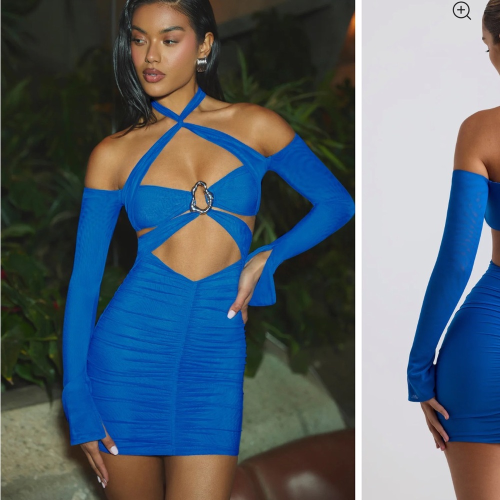 Oh Polly Blue Ruched Cut-Out Bodycon Dress